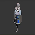 Futuristic Pink And White Robot With Blue Glowing Elements Holding Shield And Device