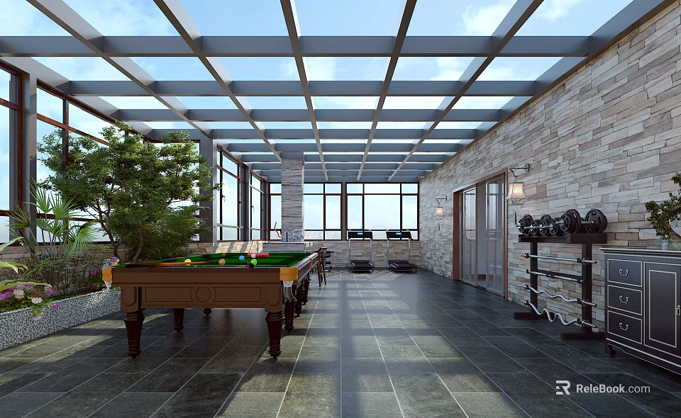 Modern Open Entertainment Room Interior With Glass Ceiling Pool Table Stone Walls And Green Plants 3d model 