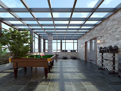 Modern Open Entertainment Room Interior With Glass Ceiling Pool Table Stone Walls And Green Plants 3d model