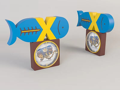 Blue And Yellow Fish Shaped Clocks With Decorative Dial On Brown Base 3d model
