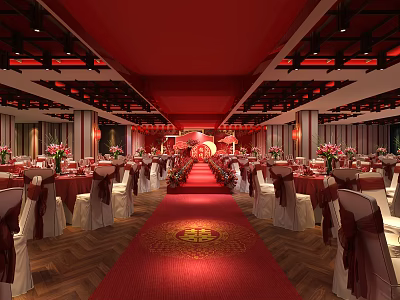 Chinese Style Banquet Hall Interior With Red Carpet Lanterns And Fresh Flowers 3d model