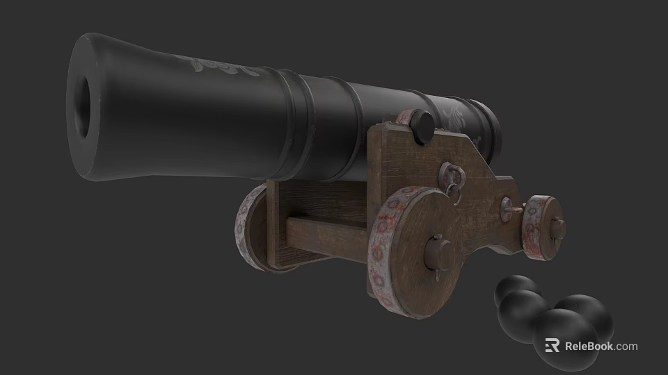 Antique Black Cannon With Wooden Carriage Wheels And Iron Cannonballs 3d model 