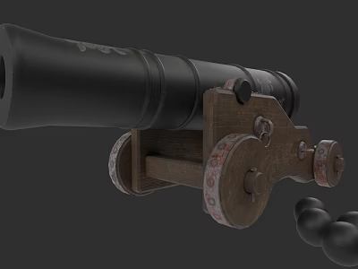 Antique Black Cannon With Wooden Carriage Wheels And Iron Cannonballs 3d model
