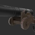 Antique Black Cannon With Wooden Carriage Wheels And Iron Cannonballs