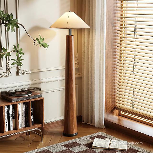 Wooden Floor Lamp With Light Shade Beside Bookshelf Books Record Player Near Window Blinds Curtains 3d model 