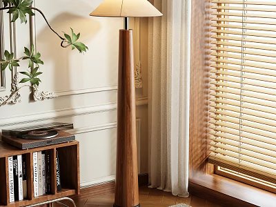 Wooden Floor Lamp With Light Shade Beside Bookshelf Books Record Player Near Window Blinds Curtains 3d model