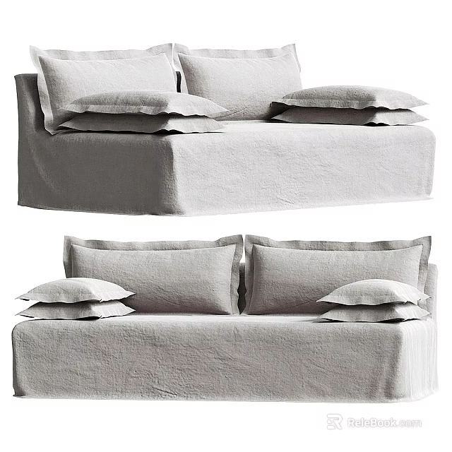 Light Gray Linen Upholstered Two Seater Sofa with Multiple Cushions and Pillows Modern Minimalist Design 3d model 