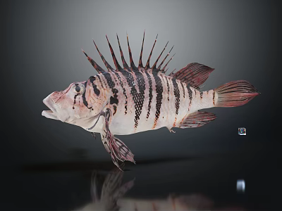 Black And White Striped Aquatic Fish With Spiky Dorsal Fin And Red Tail Fin 3d model