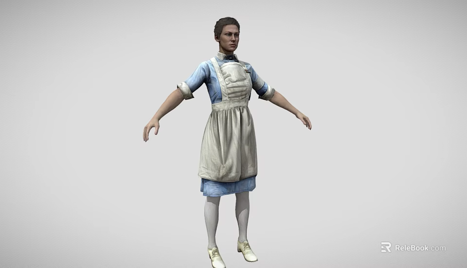 Woman In Blue Dress With Beige Apron White Stockings And White Shoes With Arms Outstretched 3d model 