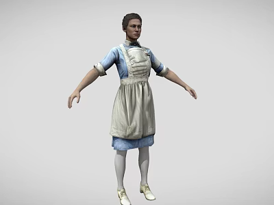 Woman In Blue Dress With Beige Apron White Stockings And White Shoes With Arms Outstretched 3d model