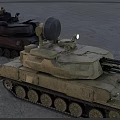 Military Tank With Radar System Firing Cannons Ejecting Flames On Desert Terrain