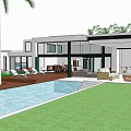 Modern Detached Villa With Swimming Pool Lush Green Lawn Palm Trees And Spacious Outdoor Space