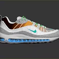 White and Orange Sports Sneakers with Green Laces Blue Air Cushion Sole and Swoosh Design