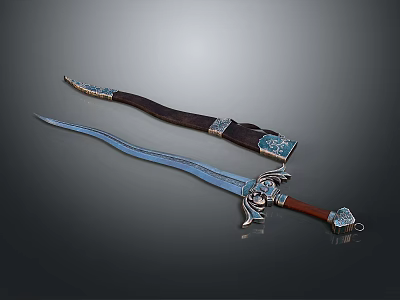 Ornate Blue Metal Sword With Intricate Hilt And Decorative Wooden Scabbard 3d model