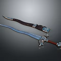 Ornate Blue Metal Sword With Intricate Hilt And Decorative Wooden Scabbard