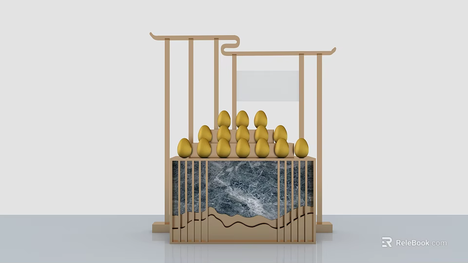 Interactive Area with Wooden Frame Yellow Egg Shaped Objects Marble Base and Chinese Style Design 3d model