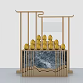 Interactive Area with Wooden Frame Yellow Egg Shaped Objects Marble Base and Chinese Style Design 3d model