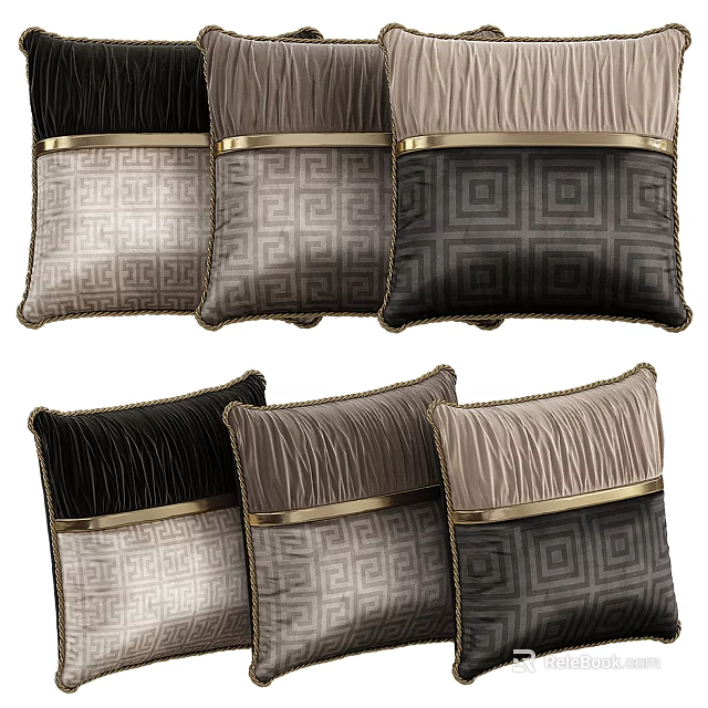 Elegant Decorative Throw Pillows Black Grey Beige Pleated Texture Geometric Pattern Gold Trim Design 3d model 