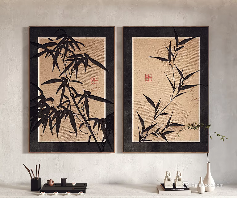 Two Panel Abstract Bamboo Paintings With Black Frames For Wall Art 3d model