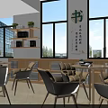Cozy Reading Space Interior With Large Windows Bookshelves Tables Chairs And Calligraphy Art