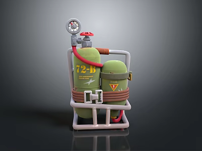 Household Green Gas Cylinder with Y2-B Label Pressure Gauge Red Valve and White Stand 3d model