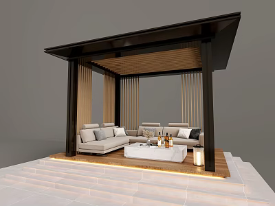 Roof Garden Pergola Design With Beige Sofas White Coffee Table And Wooden Roof Steps 3d model