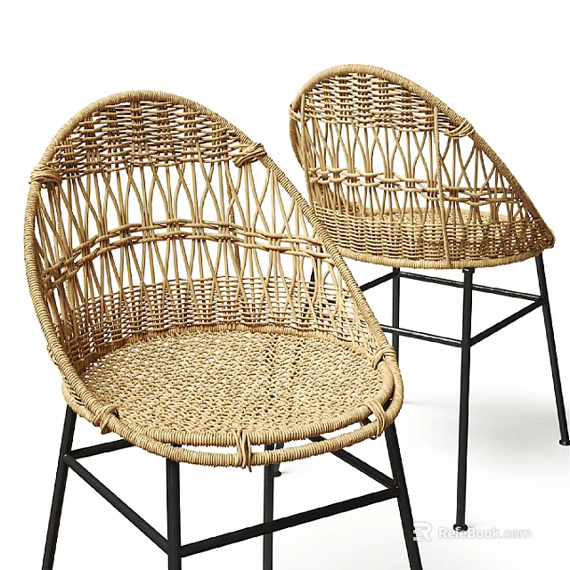 Stylish Rattan Single Chair With Woven Design And Black Metal Legs 3d model 