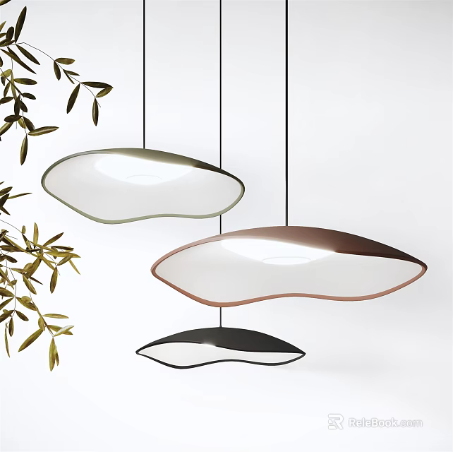 Modern Irregular Shape Pendant Lights in Various Colors with Green Foliage Accent 3d model 