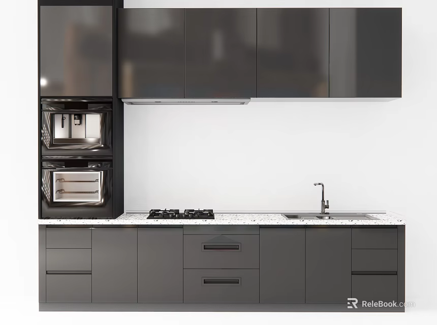 Modern Kitchen Cabinets with Dark Gray Design Built in Appliances and White Countertop 3d model 
