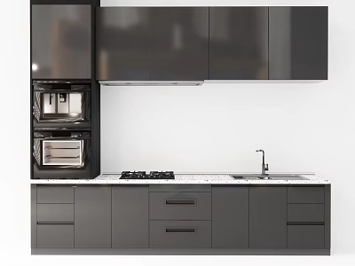 Modern Kitchen Cabinets with Dark Gray Design Built in Appliances and White Countertop 3d model