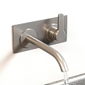 Modern Black Wall Mounted Faucet With Curved Spout Water Flowing On Gray Wall