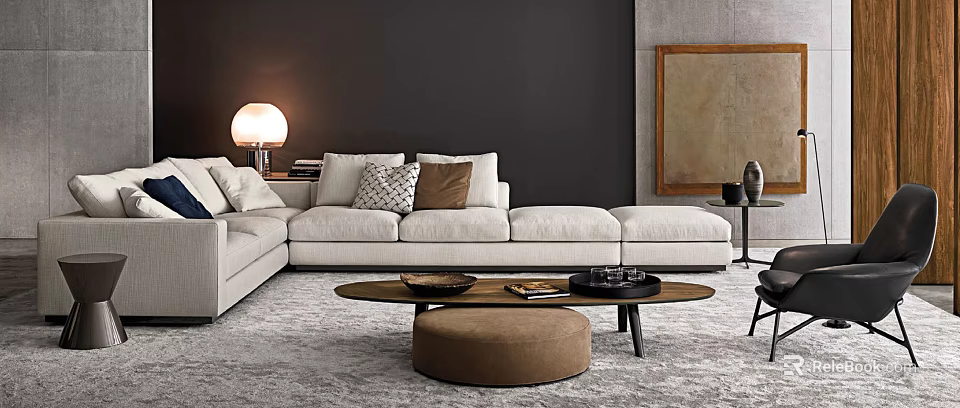 Modern Light Colored L Shaped Sofa With Throw Pillows And Wooden Coffee Table Set 3d model