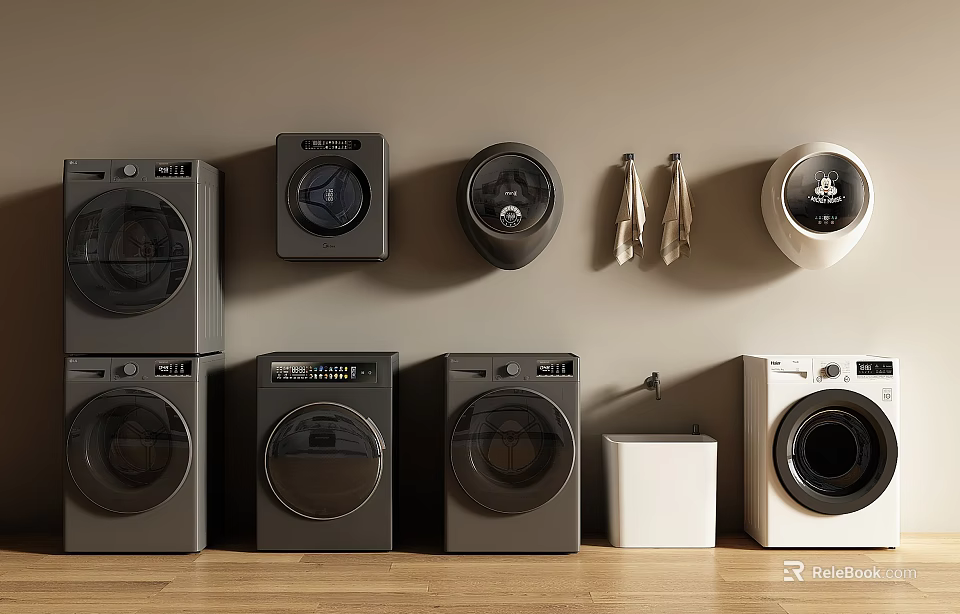 Various Styles Of Washing Machines In Different Colors Wall Mounted And Floor Standing 3d model 