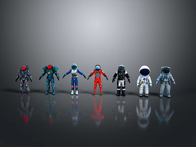 Game Movie Characters In Diverse Astronaut Suit Designs Standing With Reflections 3d model