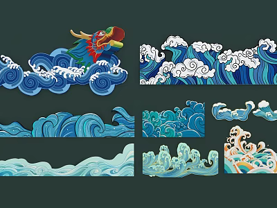 Traditional Chinese Wall Decor With Colorful Dragon And Blue Wave Patterns 3d model