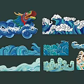 Traditional Chinese Wall Decor With Colorful Dragon And Blue Wave Patterns 3d model