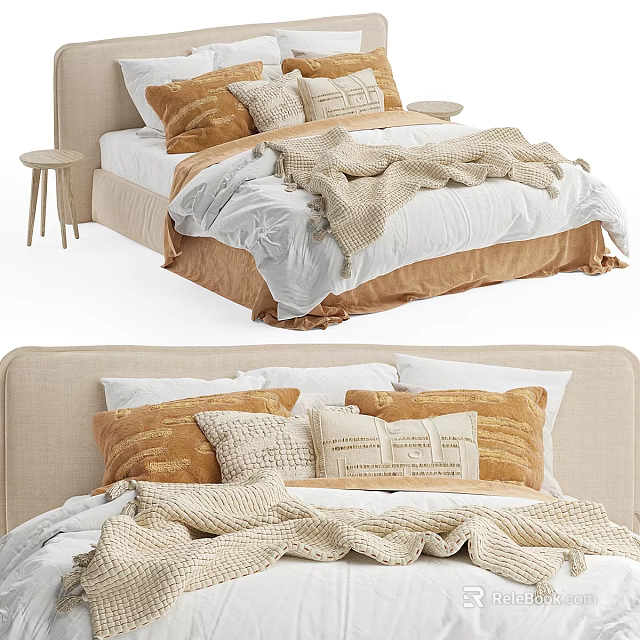 Cozy Modern Double Bed With Beige Upholstered Headboard Brown Pillows And White Blanket 3d model 