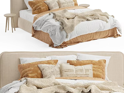 Cozy Modern Double Bed With Beige Upholstered Headboard Brown Pillows And White Blanket 3d model