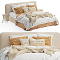 Cozy Modern Double Bed With Beige Upholstered Headboard Brown Pillows And White Blanket