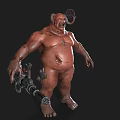 Bulky Horned Game Movie Character With Mechanical Weapon Belly Scar And Brown Skin