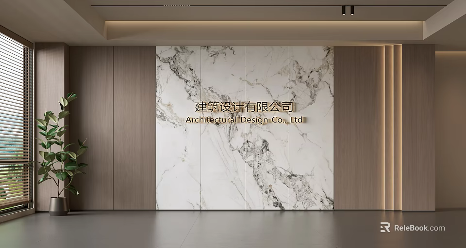 Marble Background Wall With Wooden Panels And Architectural Design Company Logo In Office 3d model 