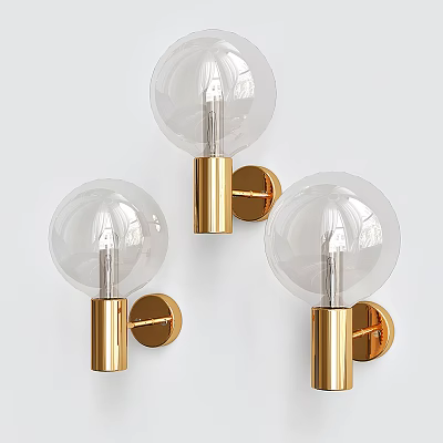 Modern Transparent Spherical Wall Lamps With Gold Metal Base And Glass Shade 3d model