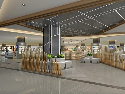 Modern Spacious Shopping Mall Lobby With Bright Lighting Marble Flooring Wooden Railings And Green Plants 3d model
