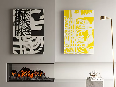 Abstract Paintings Black White Yellow Abstract Lines Hanging On Wall With Fireplace And Floor Lamp 3d model