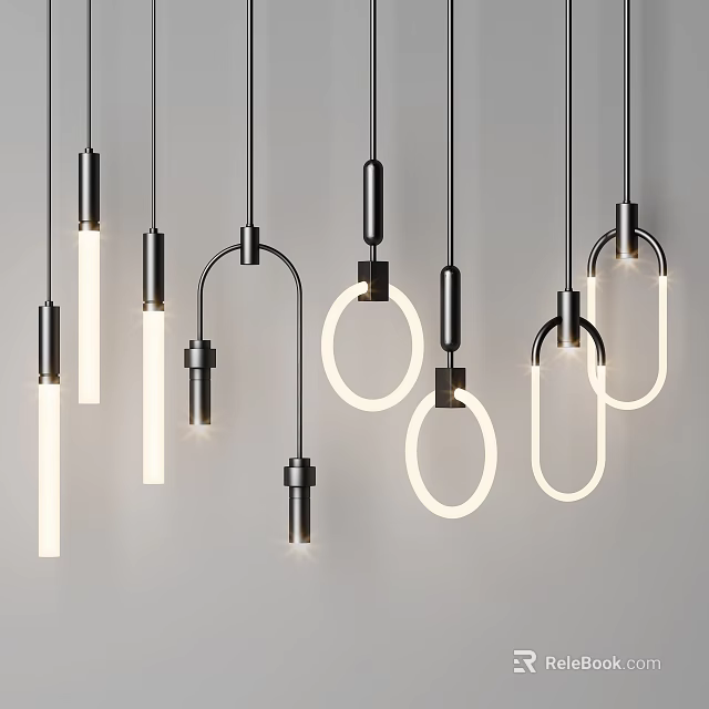 Modern Pendant Lights With Various Linear And Circular Designs Black Metal Brackets And White Light 3d model 