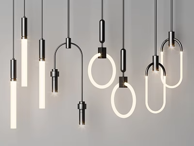 Modern Pendant Lights With Various Linear And Circular Designs Black Metal Brackets And White Light 3d model