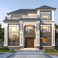Two Story Detached Villa Exterior With Large Windows Swimming Pool Lawn And Greenery