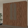 Wooden Wardrobe With Multiple Doors Arched Louvered Design Bottom Drawers And Potted Plant