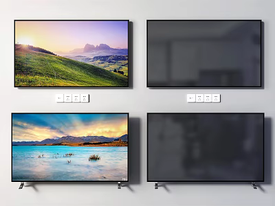 Multiple Televisions Wall Mounted And Stand Models With Scenic Mountain Lake Views And Dark Screens 3d model