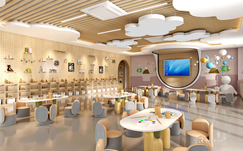 Vibrant Kindergarten Classroom Interior With Cloud Ceiling Decor And Colorful Activity Tables 3d model 